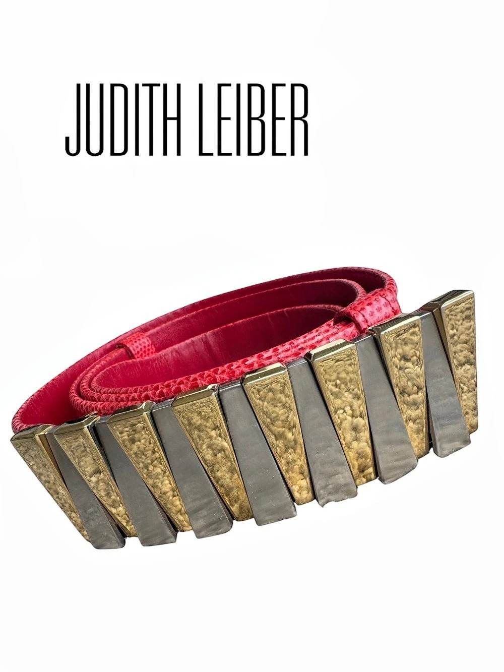 Judith Leiber Vintage Red Snakeskin Leather Statement Belt Gold Silver Hardware